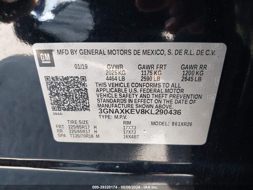 2019 Chevrolet Equinox Lt VIN: 3GNAXKEV8KL290436 Lot: 39320174