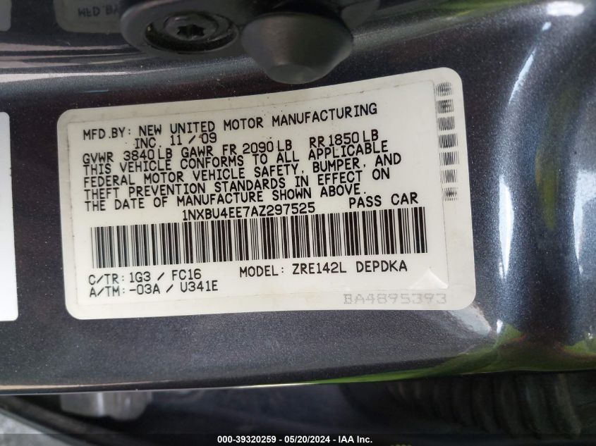 2010 Toyota Corolla Le VIN: 1NXBU4EE7AZ297525 Lot: 39320259