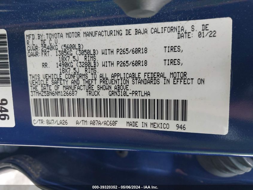 VIN 3TMHZ5BN6NM126687 2022 TOYOTA TACOMA no.9