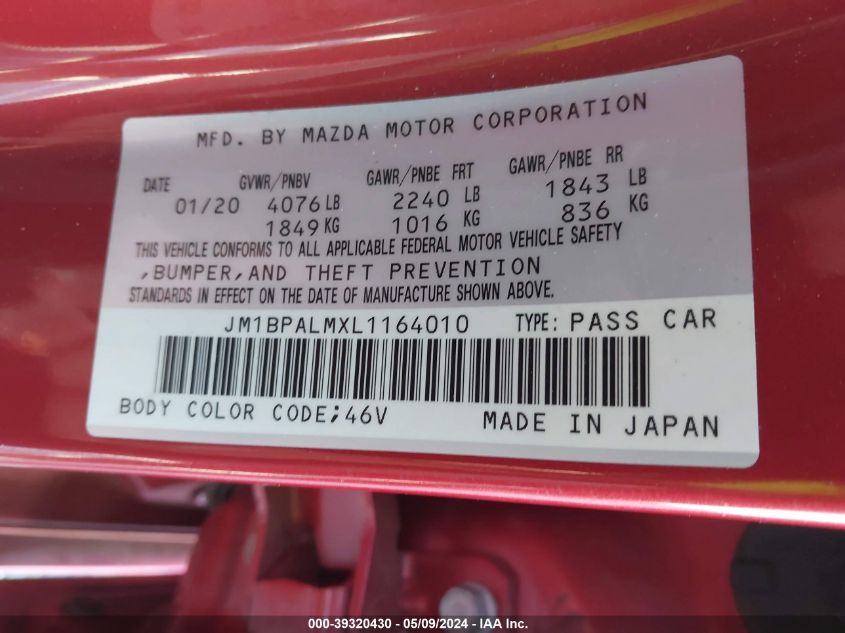 2020 Mazda Mazda3 VIN: JM1BPALMXL1164010 Lot: 39320430