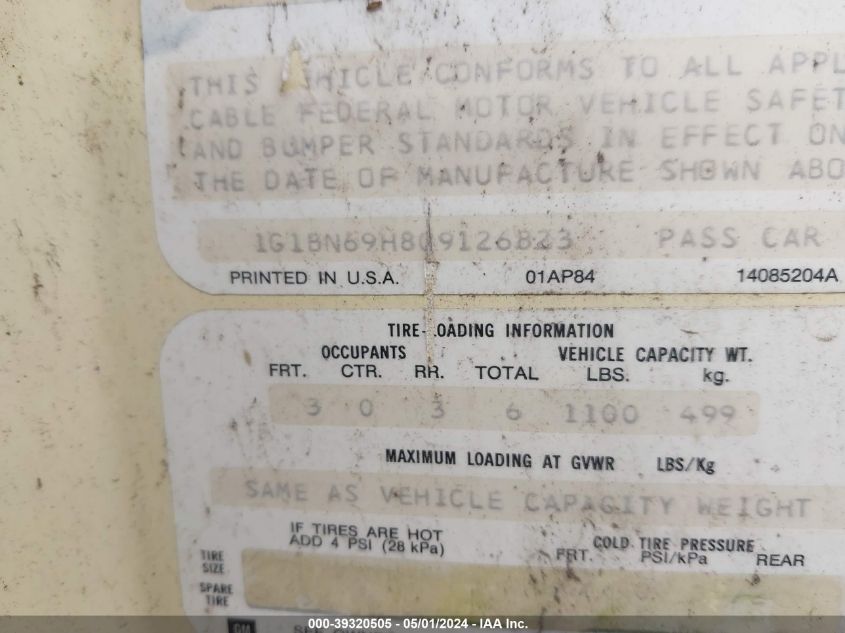 1986 Chevrolet Caprice Classic VIN: 1G1BN69H8G9126823 Lot: 39320505