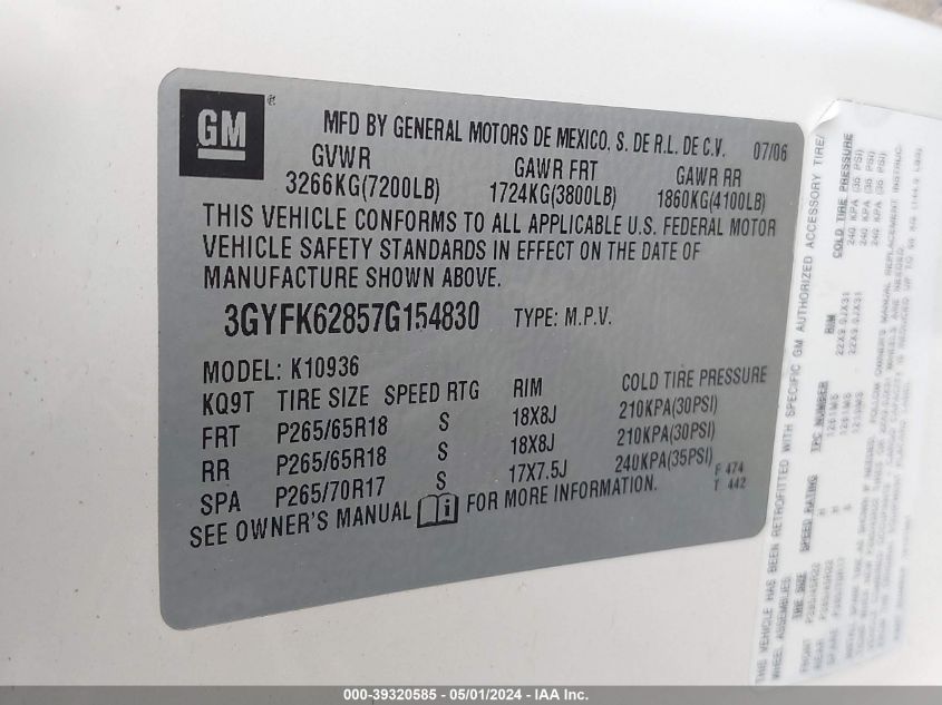 3GYFK62857G154830 2007 Cadillac Escalade Ext Standard