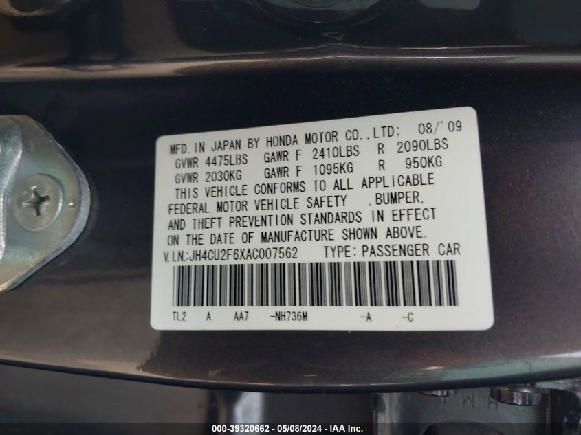 2010 Acura Tsx 2.4 VIN: JH4CU2F6XAC007562 Lot: 39320662