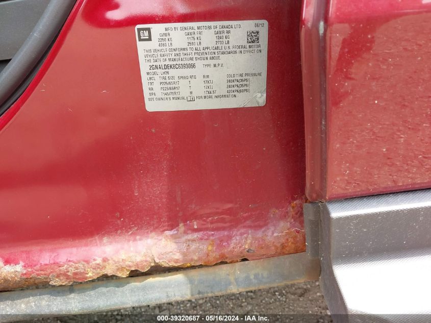 2012 Chevrolet Equinox 1Lt VIN: 2GNALDEK8C6393066 Lot: 39320687