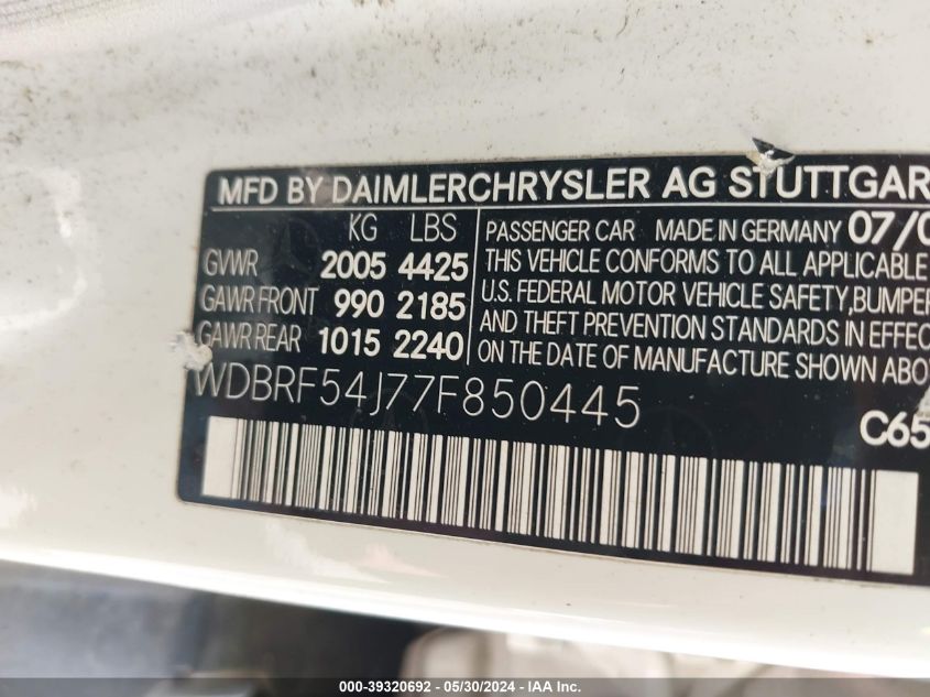 2007 Mercedes-Benz C 280 Luxury VIN: WDBRF54J77F850445 Lot: 39320692
