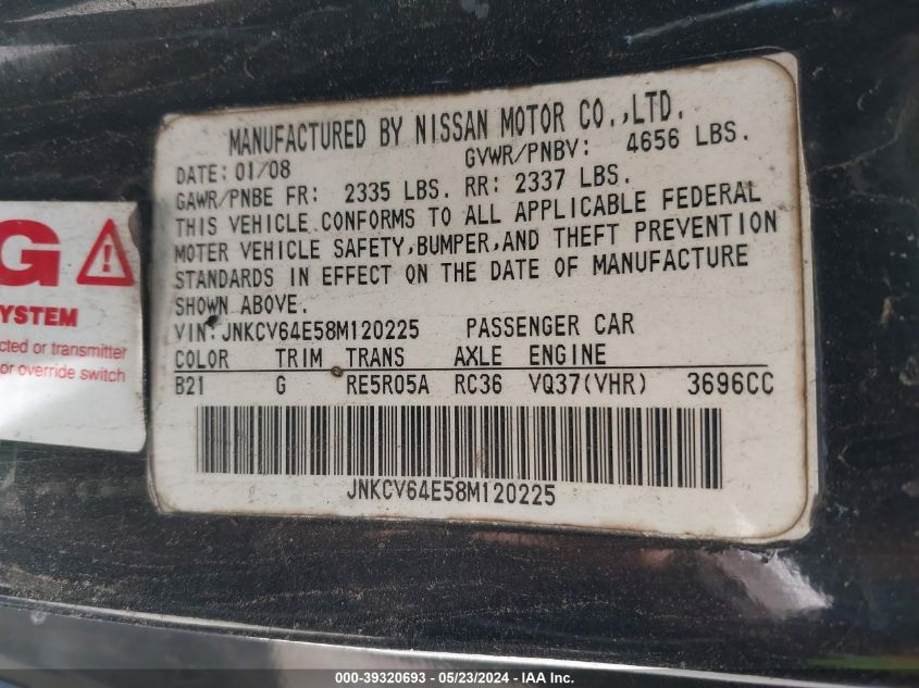 2008 Infiniti G37 Journey VIN: JNKCV64E58M120225 Lot: 39320693