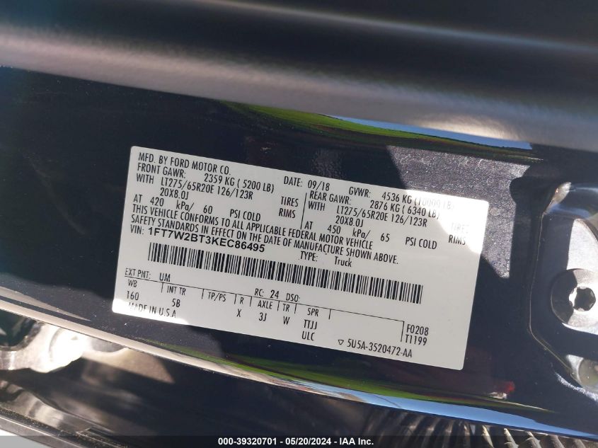 2019 Ford F-250 Lariat VIN: 1FT7W2BT3KEC86495 Lot: 39320701