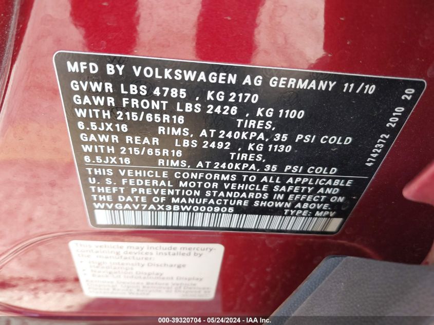 2011 Volkswagen Tiguan S VIN: WVGAV7AX3BW000905 Lot: 39320704