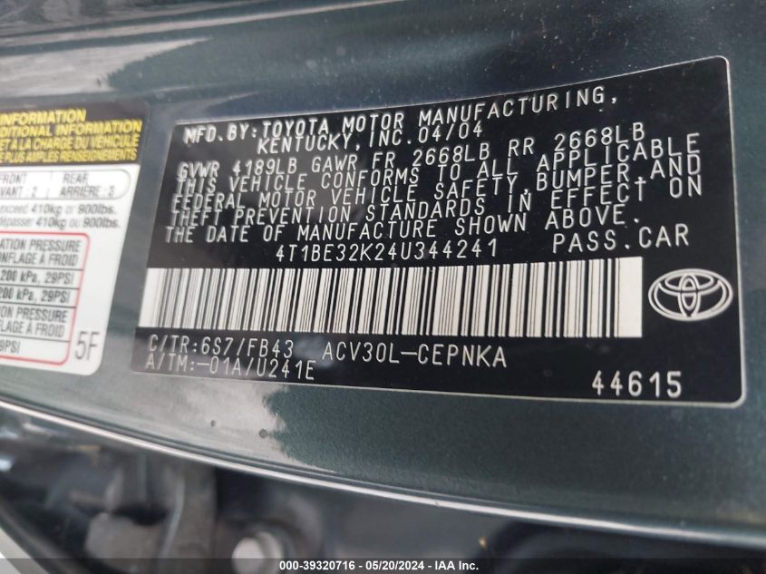 2004 Toyota Camry Le VIN: 4T1BE32K24U344241 Lot: 39320716