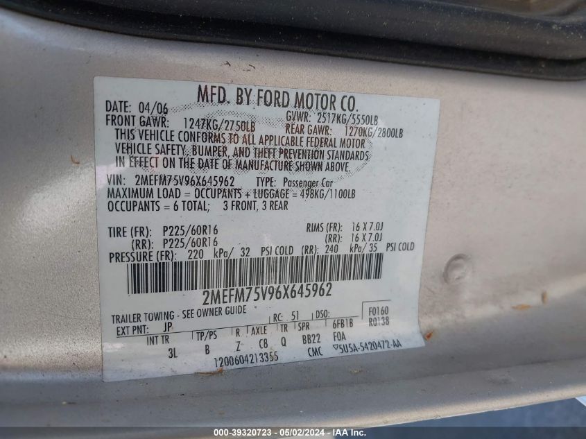 2006 Mercury Grand Marquis Ls VIN: 2MEFM75V96X645962 Lot: 39320723