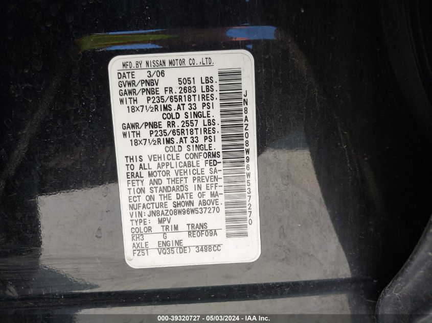 2006 Nissan Murano Sl VIN: JN8AZ08W96W537270 Lot: 39320727