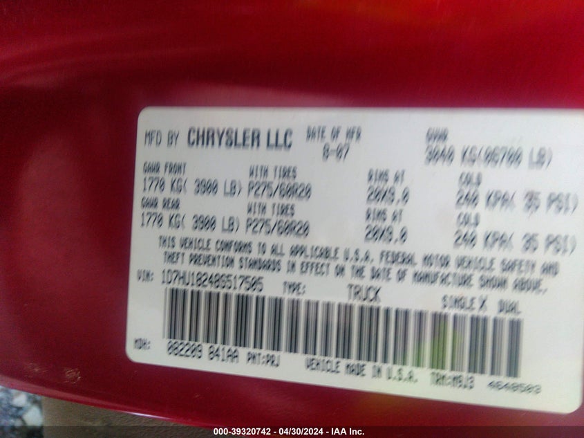 2008 Dodge Ram 1500 Slt VIN: 1D7HU18248S517505 Lot: 39320742