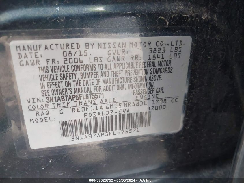 2015 Nissan Sentra Sv VIN: 3N1AB7AP5FL675571 Lot: 39320752