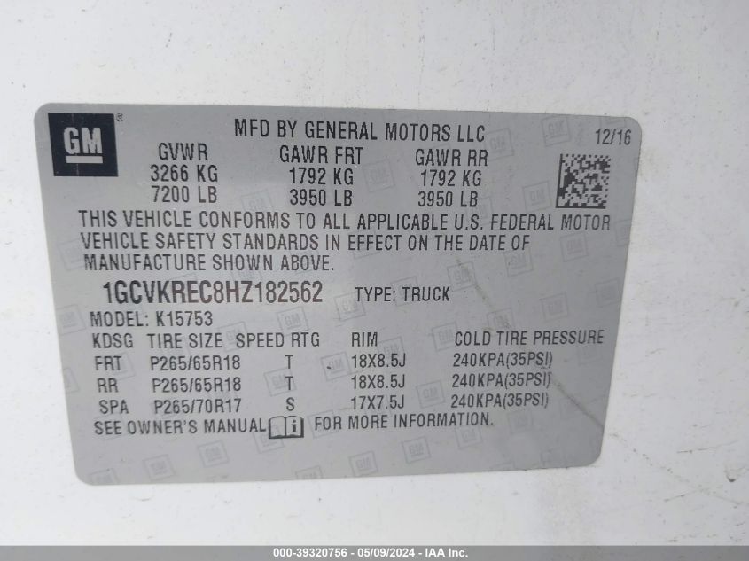 2017 Chevrolet Silverado 1500 1Lt VIN: 1GCVKREC8HZ182562 Lot: 39320756