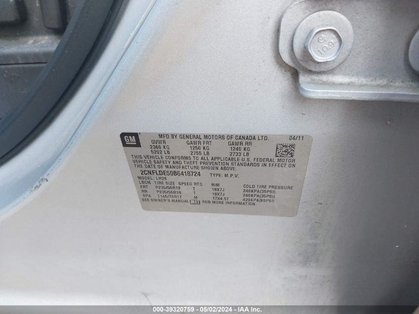 2011 Chevrolet Equinox 1Lt VIN: 2CNFLDE50B6418724 Lot: 39320759