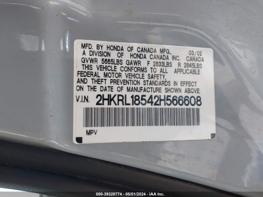 2002 Honda Odyssey Lx VIN: 2HKRL18542H566608 Lot: 39320774