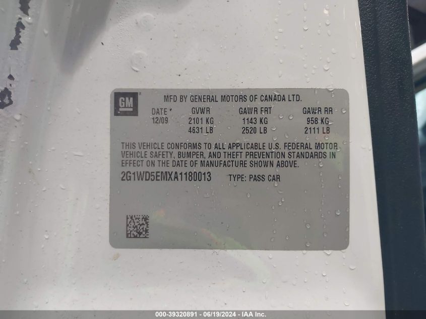 2010 Chevrolet Impala Police VIN: 2G1WD5EMXA1180013 Lot: 39320891