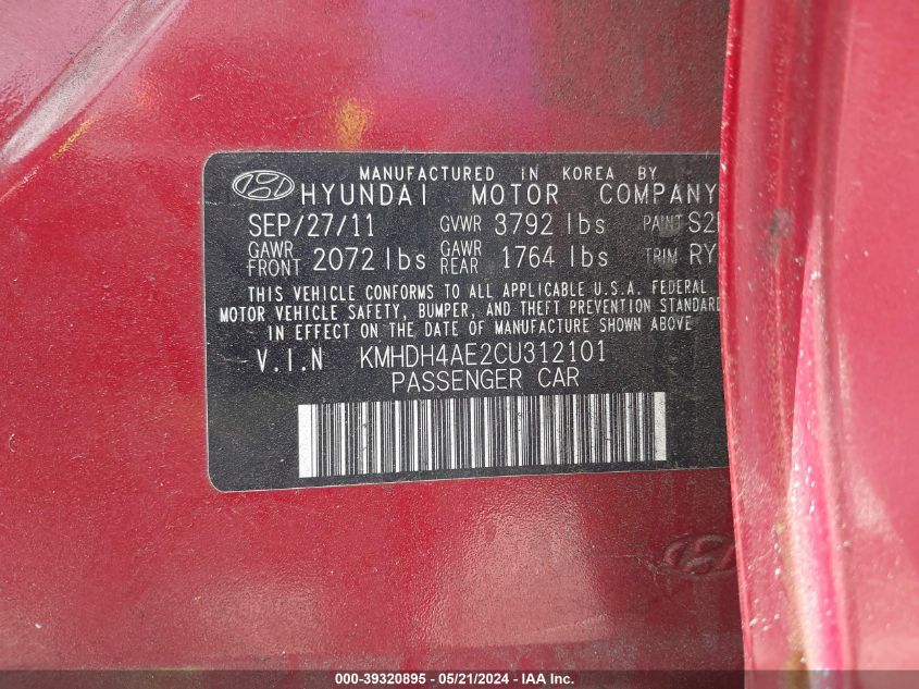 2012 Hyundai Elantra Limited (Ulsan Plant) VIN: KMHDH4AE2CU312101 Lot: 39320895