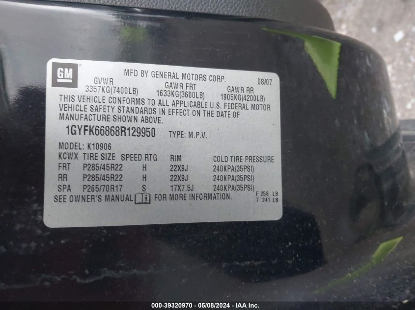 2008 Cadillac Escalade Esv Standard VIN: 1GYFK66868R129950 Lot: 39320970