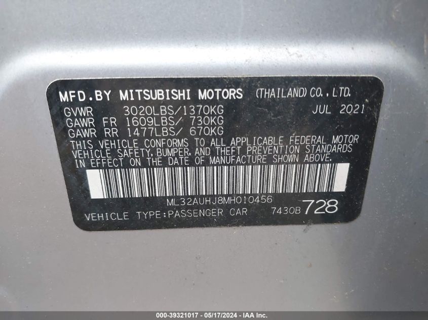 2021 Mitsubishi Mirage Carbonite Edition/Es/Le VIN: ML32AUHJ8MH010456 Lot: 39321017