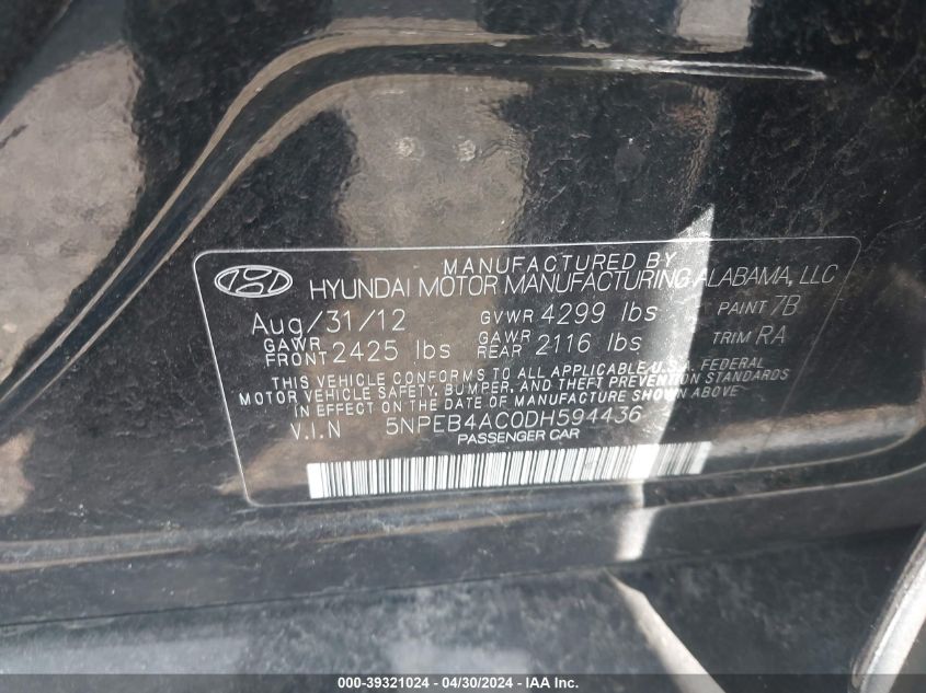 5NPEB4AC0DH594436 | 2013 HYUNDAI SONATA