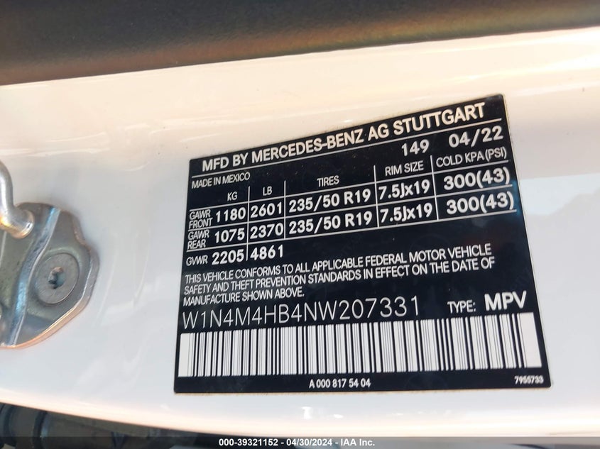 2022 MERCEDES-BENZ GLB 250 4MATIC VIN: W1N4M4HB4NW207331