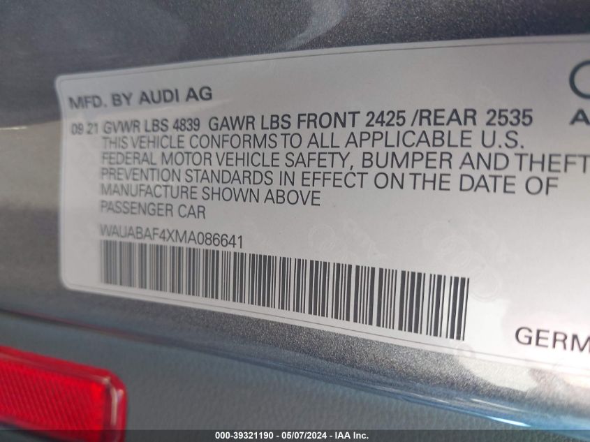 2021 AUDI A4 PREMIUM 40 TFSI QUATTRO S TRONIC - WAUABAF4XMA086641