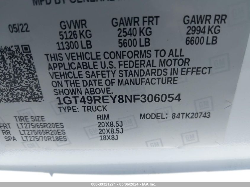 2022 GMC Sierra 2500Hd VIN: 1GT49REY8NF306054 Lot: 39321271
