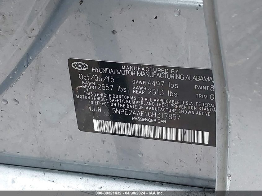 2016 Hyundai Sonata Se VIN: 5NPE24AF1GH317857 Lot: 39321432
