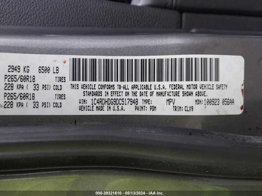 2013 Dodge Durango Crew VIN: 1C4RDHDG9DC517948 Lot: 39321610