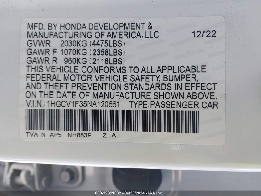 2022 HONDA ACCORD VIN: 1HGCV1F35NA120661