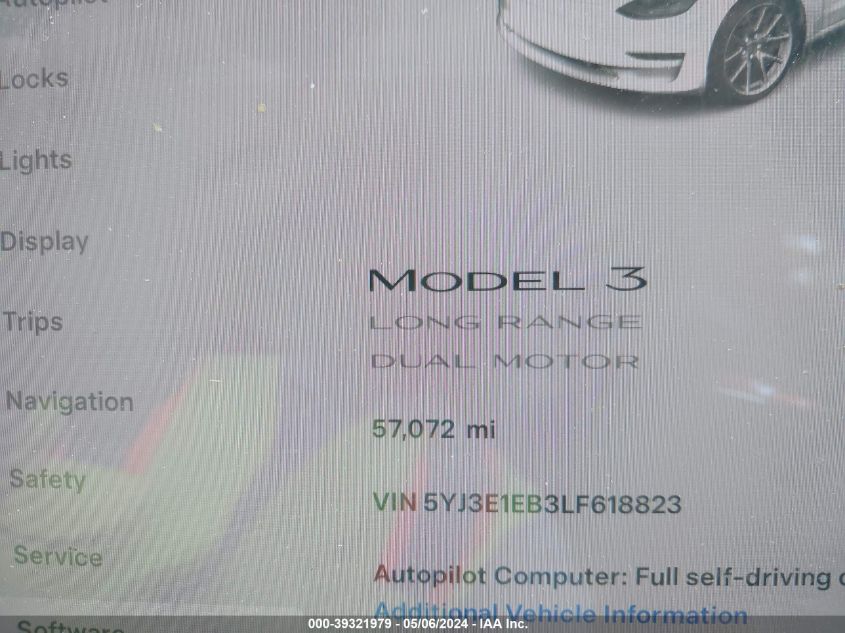 2020 Tesla Model 3 Long Range Dual Motor All-Wheel Drive VIN: 5YJ3E1EB3LF618823 Lot: 39321979