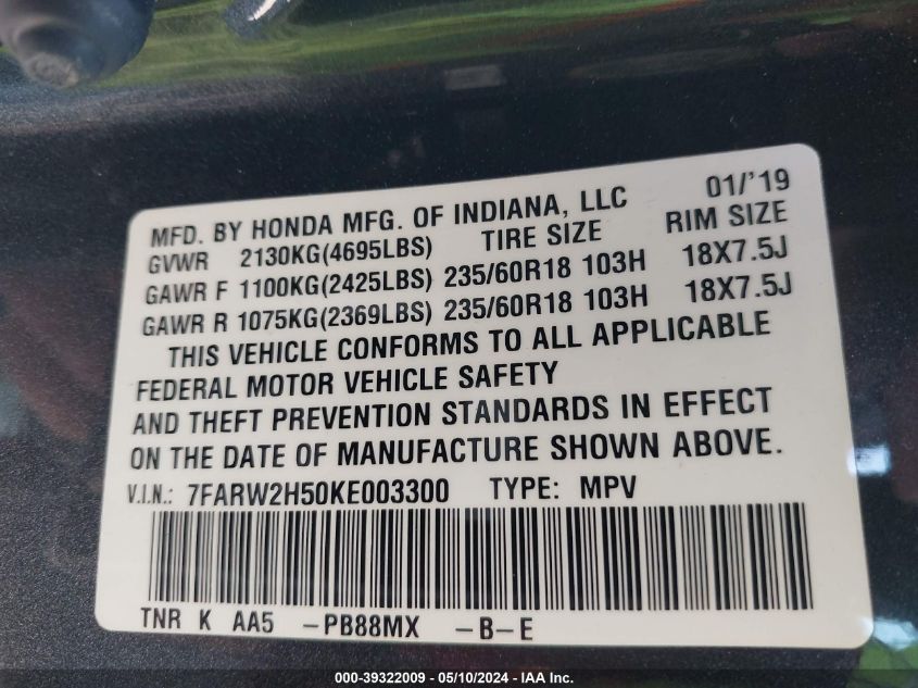 2019 Honda Cr-V Ex VIN: 7FARW2H50KE003300 Lot: 39322009