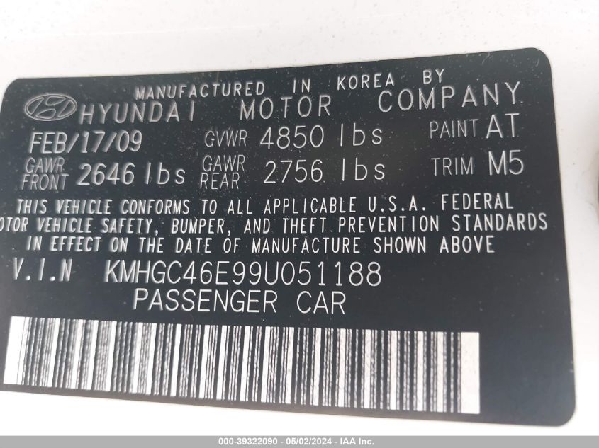 KMHGC46E99U051188 2009 Hyundai Genesis 3.8