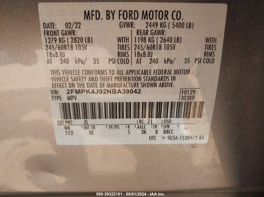 2022 Ford Edge Sel VIN: 2FMPK4J92NBA39042 Lot: 39322101