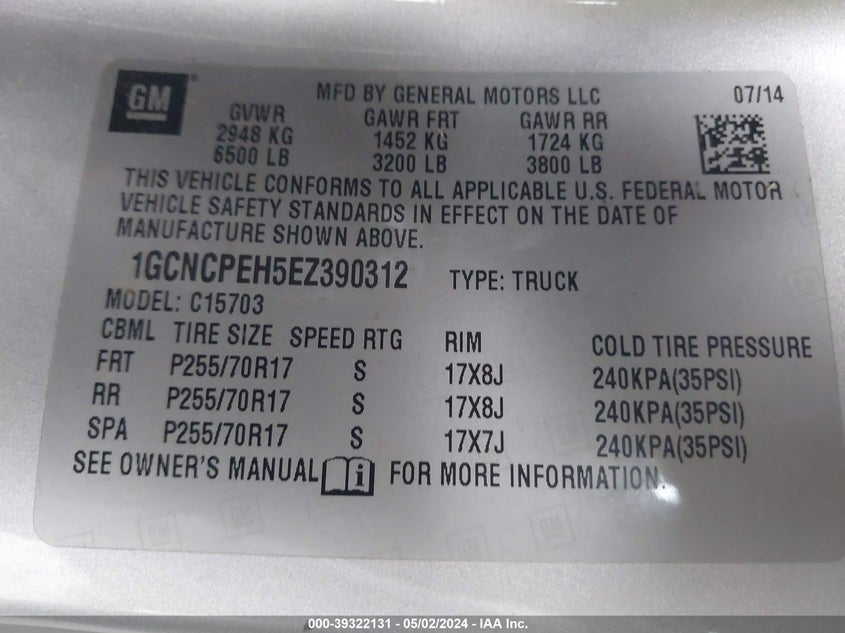 2014 CHEVROLET SILVERADO 1500 C1500 - 1GCNCPEH5EZ390312