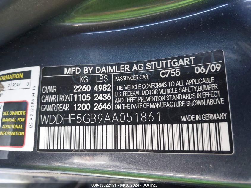 2010 Mercedes-Benz E 350 VIN: WDDHF5GB9AA051861 Lot: 39322151