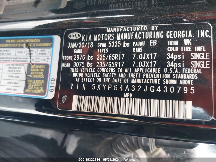 2018 KIA SORENTO LX/L - 5XYPG4A32JG430795