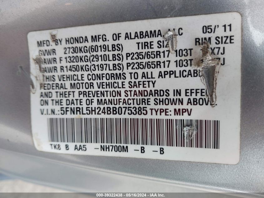 2011 Honda Odyssey Lx VIN: 5FNRL5H24BB075385 Lot: 39322438