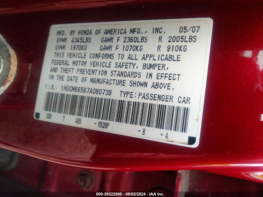 1HGCM66567A080739 | 2007 HONDA ACCORD