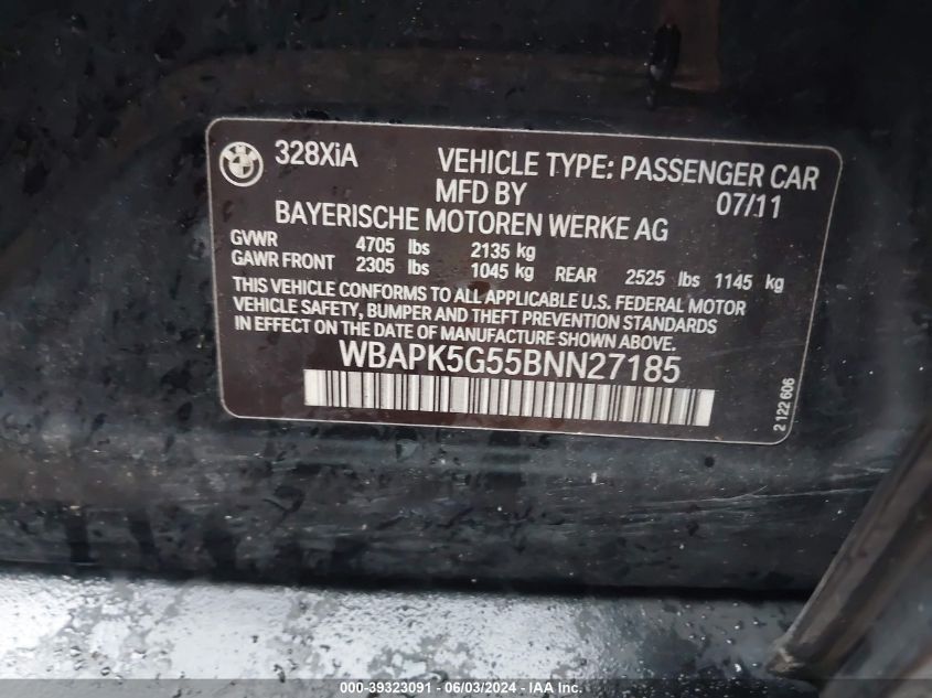 2011 BMW 328I xDrive VIN: WBAPK5G55BNN27185 Lot: 39323091
