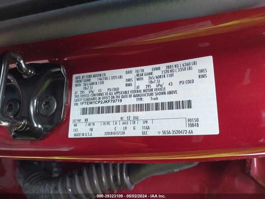 VIN 1FTEW1CP2JKF70719 2018 FORD F-150 XLT
