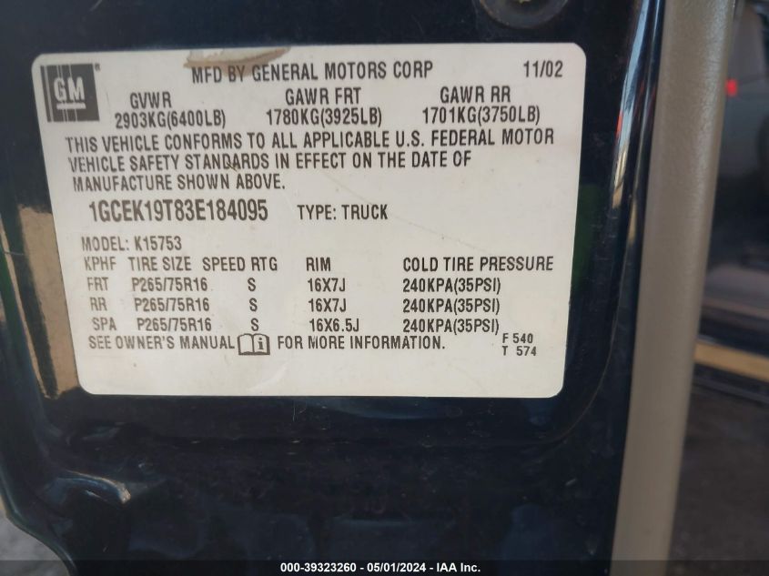1GCEK19T83E184095 2003 Chevrolet Silverado 1500 Lt