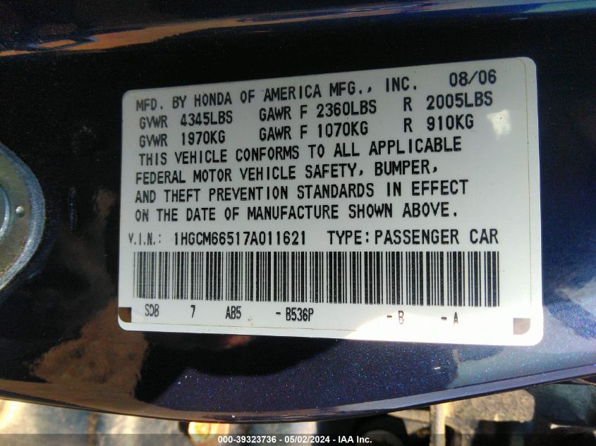 1HGCM66517A011621 | 2007 HONDA ACCORD