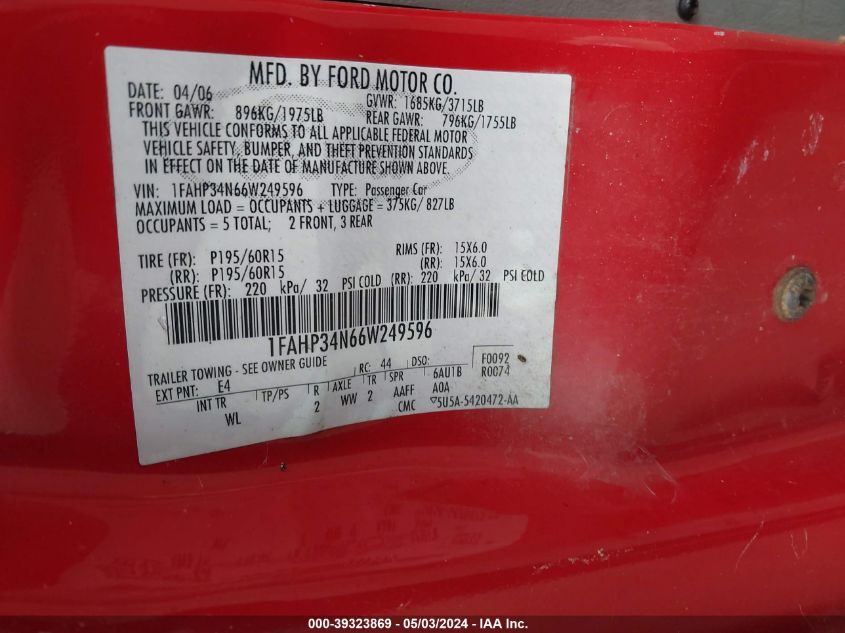 1FAHP34N66W249596 | 2006 FORD FOCUS