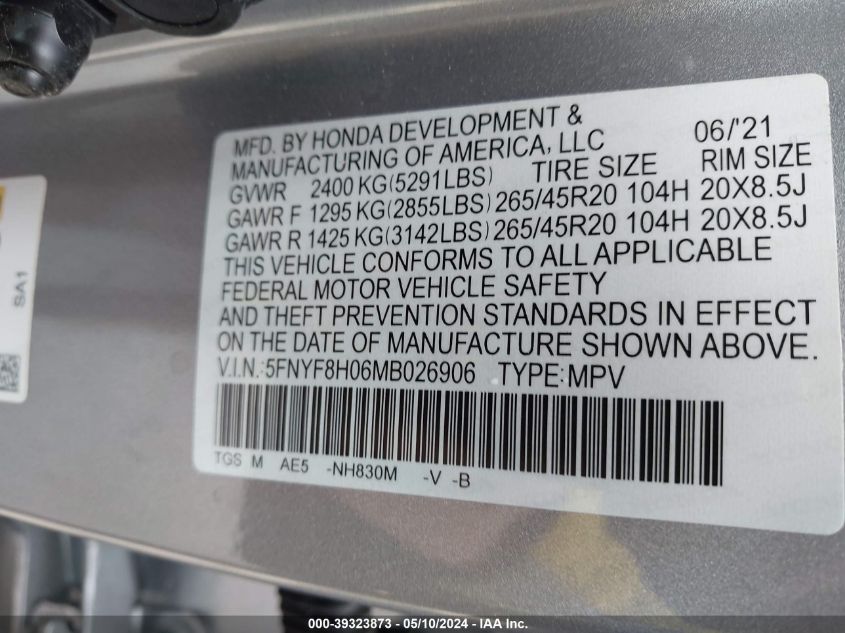 2021 Honda Passport Awd Elite VIN: 5FNYF8H06MB026906 Lot: 39323873