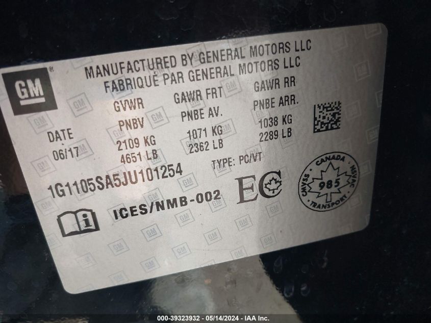 2018 Chevrolet Impala 1Lt VIN: 1G1105SA5JU101254 Lot: 39323932