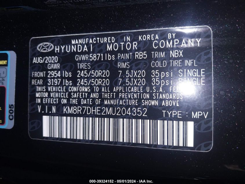 2021 Hyundai Palisade Calligraphy VIN: KM8R7DHE2MU204352 Lot: 39324152