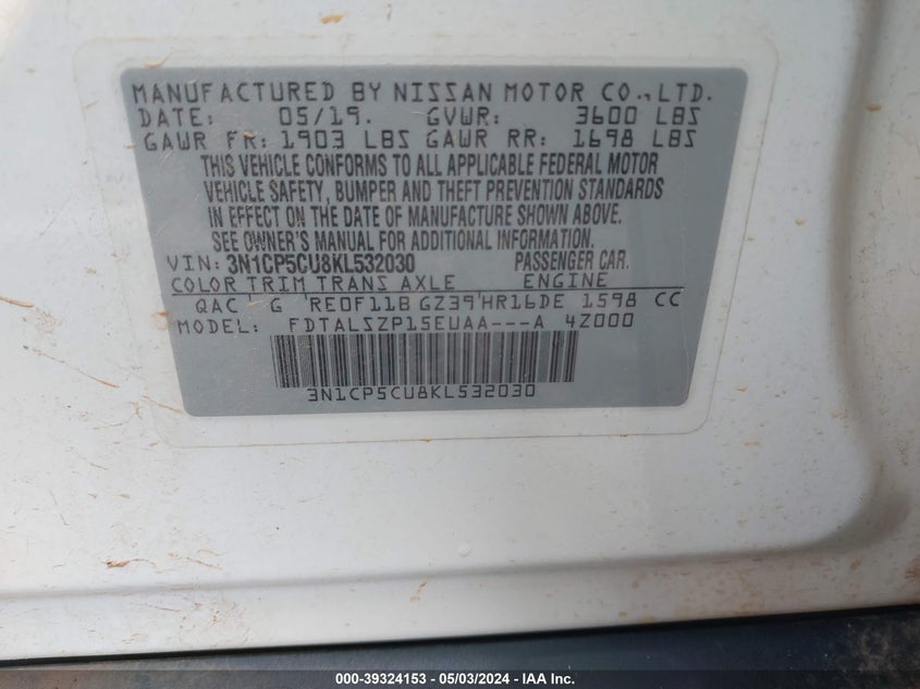 VIN 3N1CP5CU8KL532030 2019 NISSAN KICKS SV