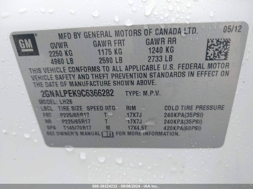 2GNALPEK9C6366282 2012 Chevrolet Equinox 2Lt